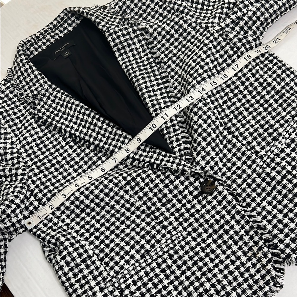 Ann Taylor Petite 14P Black White Houndstooth Fringe Trim One Button Blazer - Picture 8 of 14